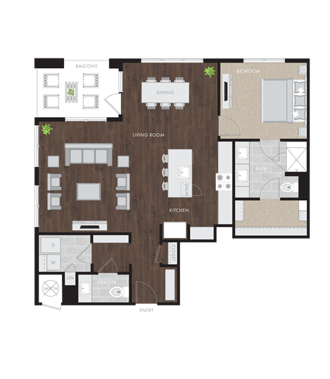 Floor plan for 1 bed, 1.5 baths, 1136 sqft